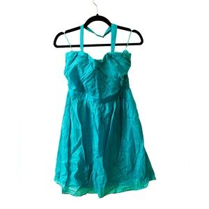 Qi Silk & Cotton Teal Halter Sweetheart Silk & Cotton Summer Lined Dress Medium